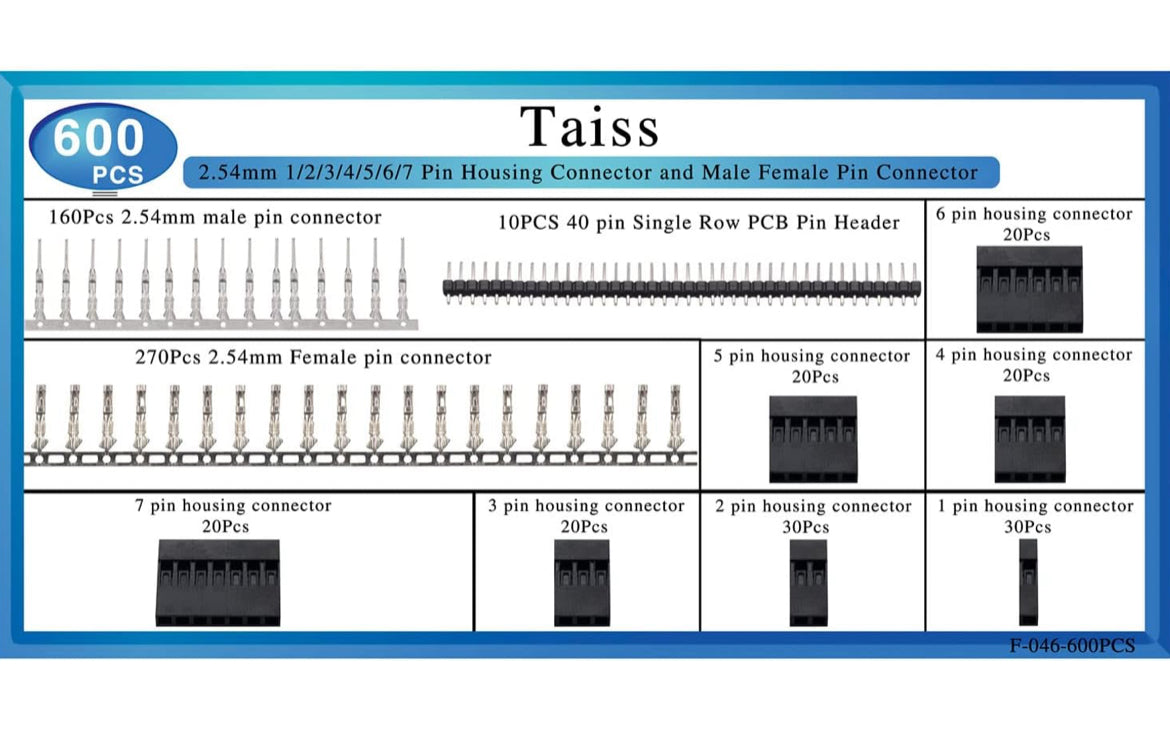 Taiss 600PCS Dupont Connector Kit - 2.54mm 1/2/3/4/5/6/7 Pin Housing Connector and Male/Female Crimp Pin, Jumper Wire Cable