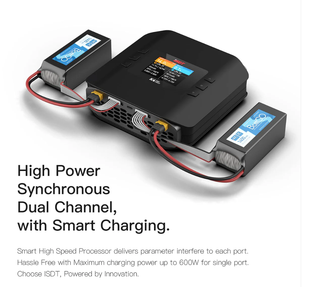 ISDT K4 LiPo Charge/Discharge Cycle Mode Charger,AC 400W DC 600Wx2 Smart Remote Mobile Operation Charger