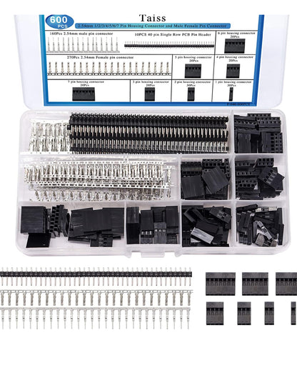 Taiss 600PCS Dupont Connector Kit - 2.54mm 1/2/3/4/5/6/7 Pin Housing Connector and Male/Female Crimp Pin, Jumper Wire Cable