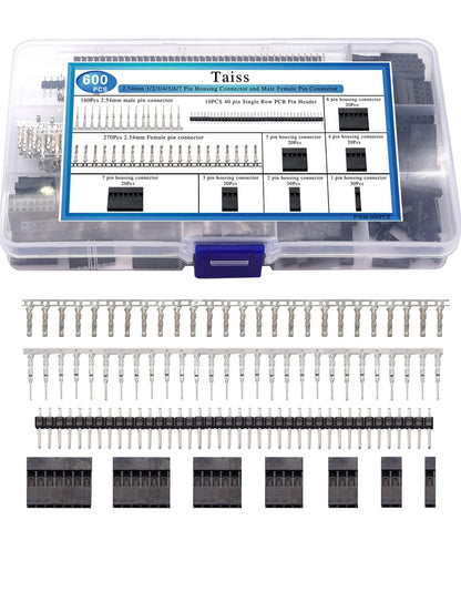 Taiss 600PCS Dupont Connector Kit - 2.54mm 1/2/3/4/5/6/7 Pin Housing Connector and Male/Female Crimp Pin, Jumper Wire Cable