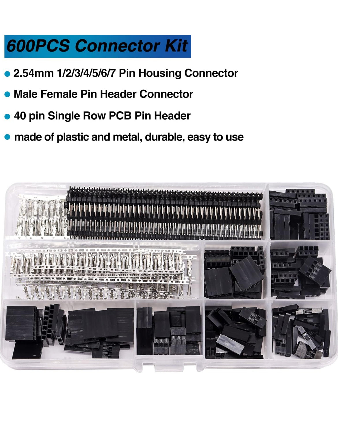 Taiss 600PCS Dupont Connector Kit - 2.54mm 1/2/3/4/5/6/7 Pin Housing Connector and Male/Female Crimp Pin, Jumper Wire Cable